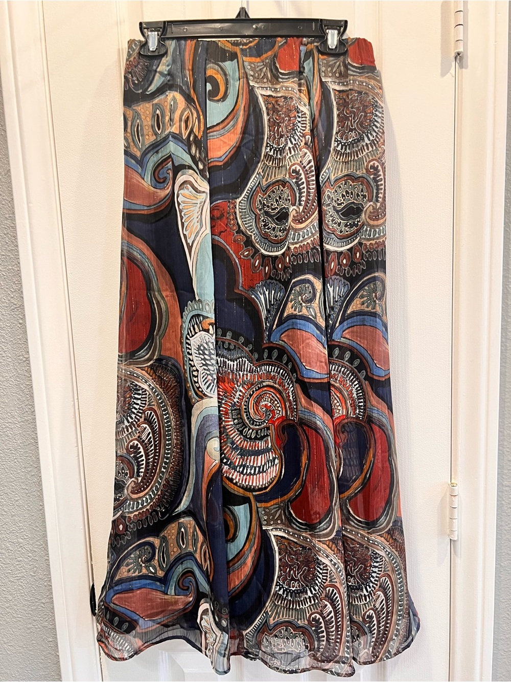 ZARA Abstract Paisley Metallic Pleated Maxi Skirt Rust Teal Blue Sz M Boho